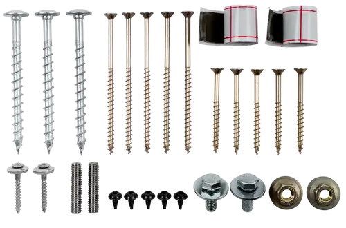 Befestigungsmaterial Set mit verschiedenen Schrauben und Butylband, präsentiert von Wolf, zur Verwendung in Bau- und Reparaturprojekten.